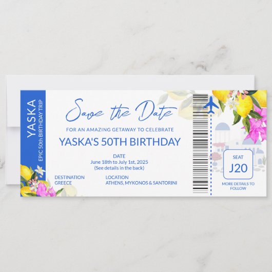 ギリシャの宛先の誕生日の保存日付 招待状 (正面)