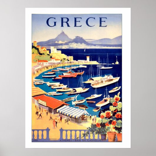 ギリシャの小さな海に浮かぶ漁船 ポスター (正面)