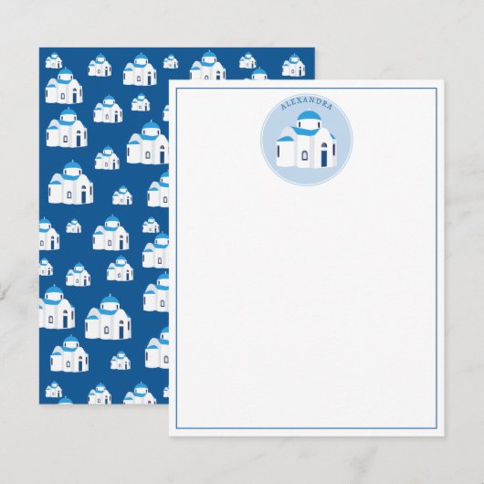 ギリシャの島 サントリーニ 青いドーム教会 モノグラム ノートカード (正面/裏面)