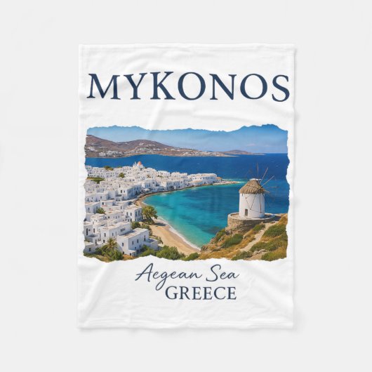 ギリシャの島 ミコノス 休暇 旅行 海辺の生活 フリースブランケット (正面)