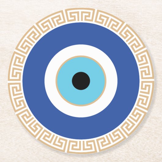ギリシャの悪い目のギリシャ鍵 ラウンドペーパーコースター (正面)