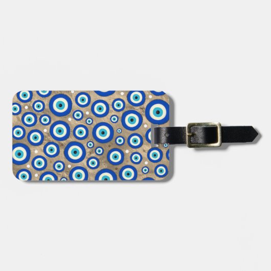 ギリシャの悪のまなざしパターンパステル調の金ゴールドの背景 ラゲッジタグ (正面横)