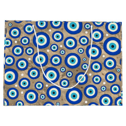 ギリシャの悪のまなざしパターンパステル調の金ゴールドの背景 ラージペーパーバッグ (裏面)