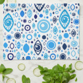 ギリシャの悪のまなざしパターン青および白 キッチンタオル (折り畳み)