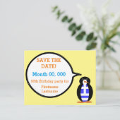 ギリシャの旗を着たペンギンさん 案内ポストカード (スタンド正面)