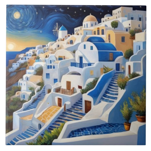 ギリシャの村の丘の中腹と風車 – ギリシャ タイル (正面)