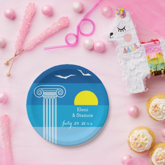 ギリシャの柱とシーグルギリシャのビーチ結婚式 ペーパープレート (パーティー)