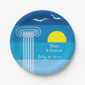 ギリシャの柱とシーグルギリシャのビーチ結婚式 ペーパープレート (正面)