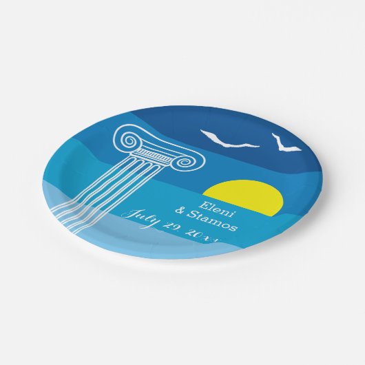 ギリシャの柱とシーグルギリシャのビーチ結婚式 ペーパープレート (アングル)