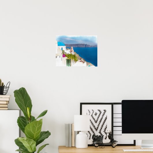 ギリシャの楽園。水の色絵画のサントリーニ ポスター (ホームオフィス)