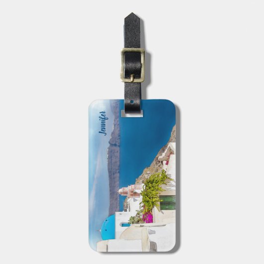 ギリシャの楽園。水の色絵画のサントリーニ ラゲッジタグ (正面縦)