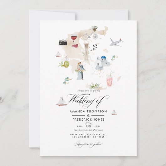 ギリシャの水の色のマップ目的地の結婚式の招待 招待状 (正面)