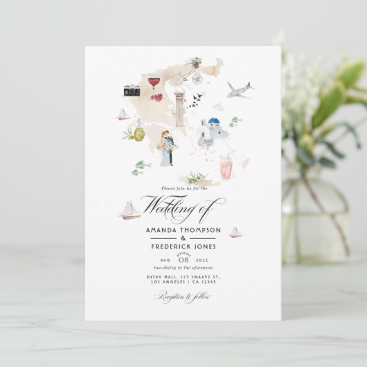ギリシャの水の色のマップ目的地の結婚式の招待 招待状 (スタンド正面)