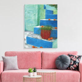 ギリシャの水絵画色の階段オレンジ キャンバスプリント