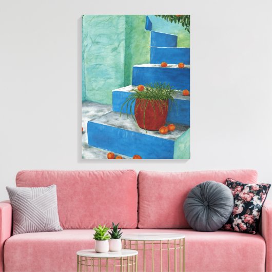 ギリシャの水絵画色の階段オレンジ キャンバスプリント (インサイチュ (リビング))