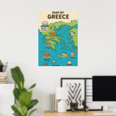 ギリシャの漫画地図 - イラスト付きのランドマーク ポスター (ホームオフィス)