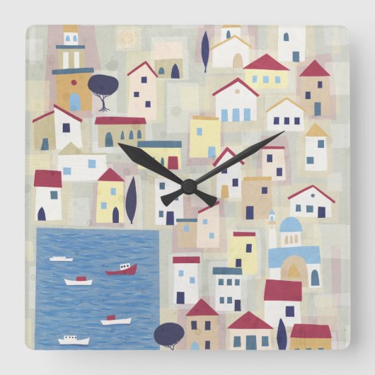 ギリシャの町モダンコンテンポラリー スクエア壁時計 (正面)