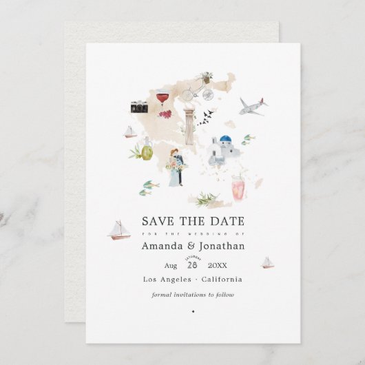 ギリシャの目的地ウェディングフォト 水彩画マップ セーブザデート (正面/裏面)