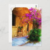 ギリシャの石造りの家 – 古い木製のドアBougainvillea ポストカード (正面/裏面)