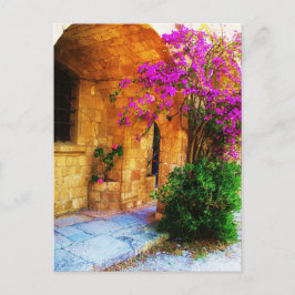 ギリシャの石造りの家 – 古い木製のドアBougainvillea ポストカード