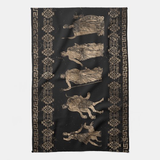 ギリシャの神々とメアンダー鍵オーナメント キッチンタオル (縦)