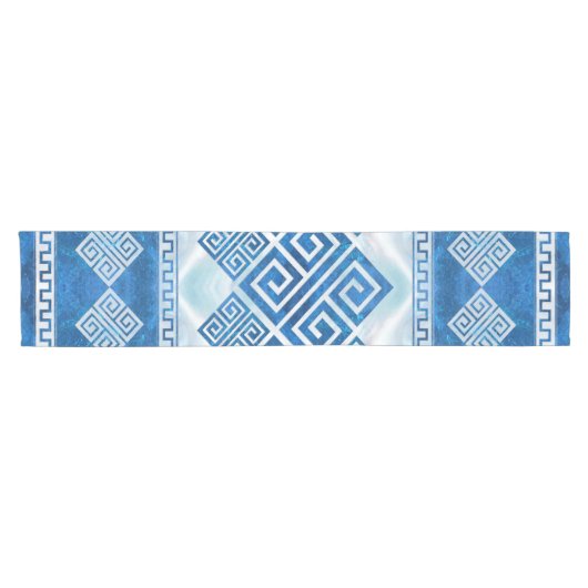 ギリシャの蛇行語-ギリシャの鍵ブルーの宝石と真珠 ショートテーブルランナー (横)