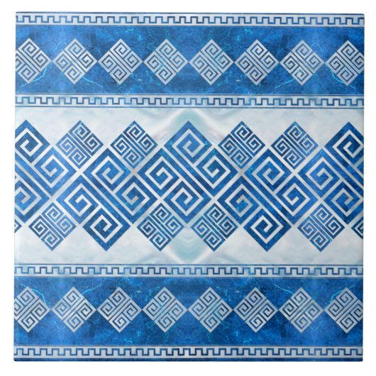 ギリシャの蛇行語-ギリシャの鍵ブルーの宝石と真珠 タイル (正面)