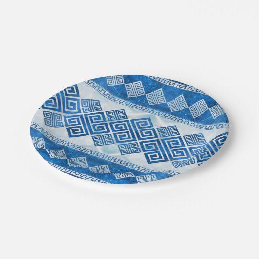 ギリシャの蛇行語-ギリシャの鍵ブルーの宝石と真珠 ペーパープレート (アングル)