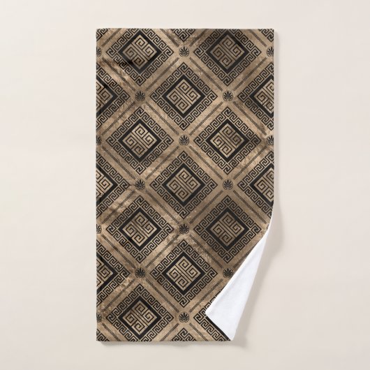 ギリシャの蛇行鍵パターン黒と金ゴールド バスタオルセット (ハンドタオル)