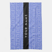 ギリシャの蛇行鍵ブルー、お名前、パーソナライズ キッチンタオル (縦)