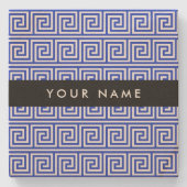 ギリシャの蛇行鍵ブルー、お名前、パーソナライズ ストーンコースター (正面)