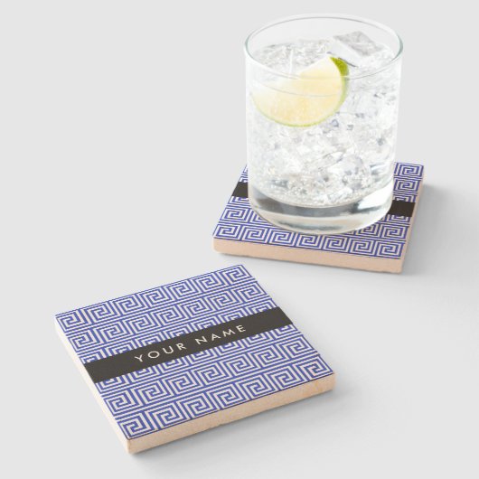 ギリシャの蛇行鍵ブルー、お名前、パーソナライズ ストーンコースター (横)