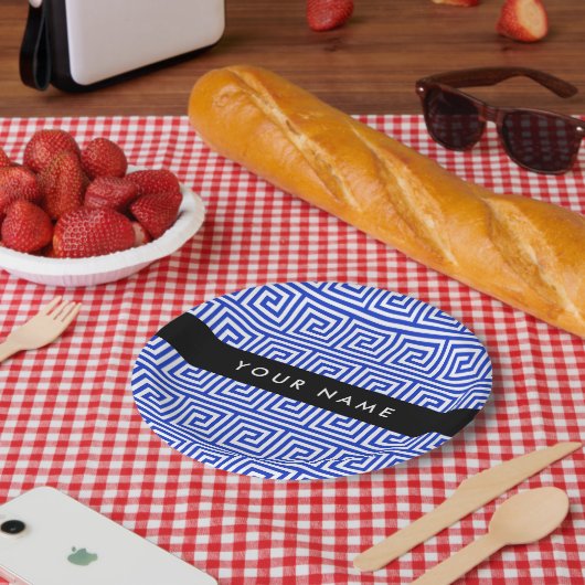 ギリシャの蛇行鍵ブルー、お名前、パーソナライズ ペーパープレート (ピクニック)