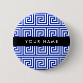 ギリシャの蛇行鍵ブルー、お名前、パーソナライズ 缶バッジ (正面)