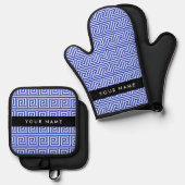 ギリシャの蛇行鍵ブルー、お名前、パーソナライズ 鍋つかみ&鍋敷きセット (正面/裏面)