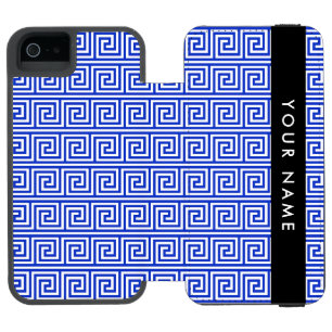 ギリシャの蛇行鍵ブルー、お名前、パーソナライズ iPhone SE/5/5sウォレットケース