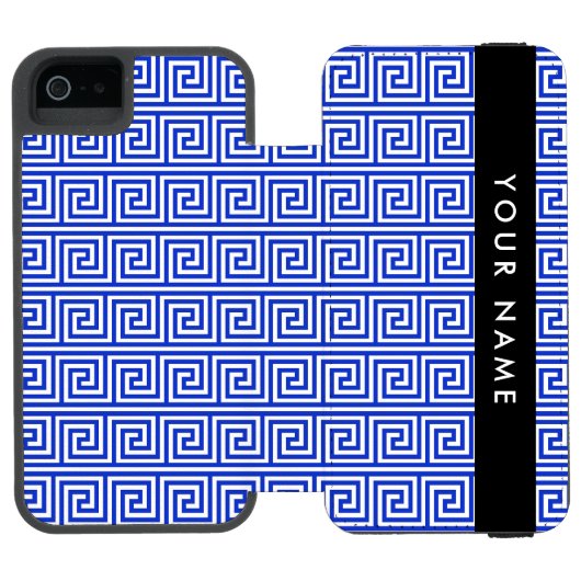 ギリシャの蛇行鍵ブルー、お名前、パーソナライズ INCIPIO iPhoneウォレットケース (フォリオ Open)