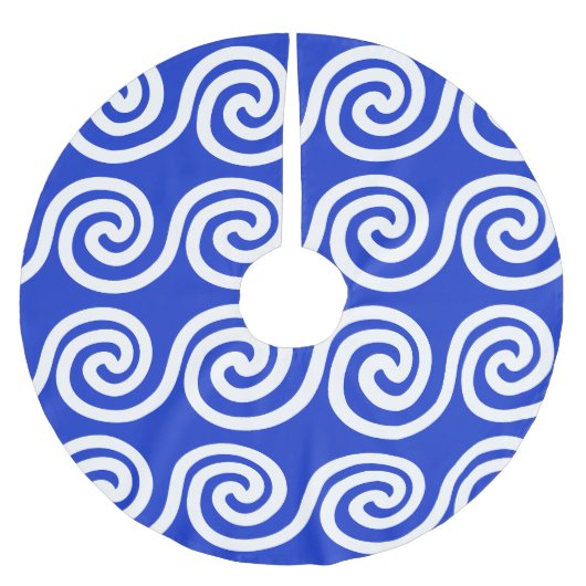 ギリシャの蛇行鍵波パターンブルー ブラッシュドポリエステルツリースカート (正面)