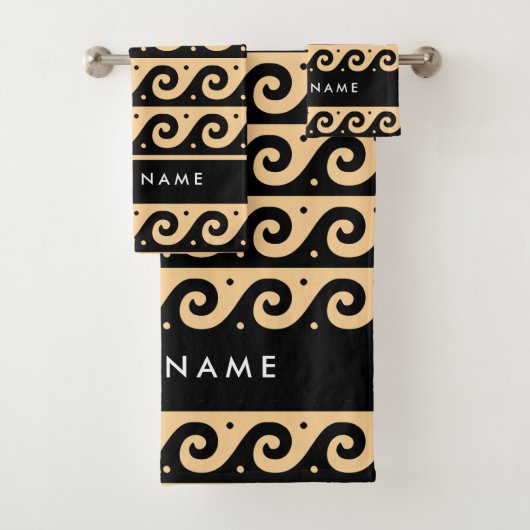 ギリシャの蛇行鍵、波の鍵、ブラウン、あなたの名前 バスタオルセット (インサイチュ)
