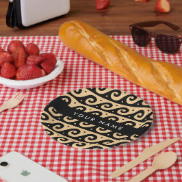 ギリシャの蛇行鍵、波の鍵、ブラウン、あなたの名前 ペーパープレート