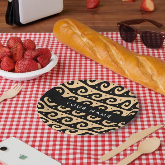 ギリシャの蛇行鍵、波の鍵、ブラウン、あなたの名前 ペーパープレート (ピクニック)