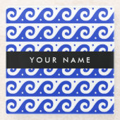 ギリシャの蛇行鍵、波の鍵、青、名前 ガラスコースター (正面)