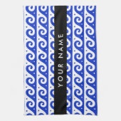 ギリシャの蛇行鍵、波の鍵、青、名前 キッチンタオル (縦)