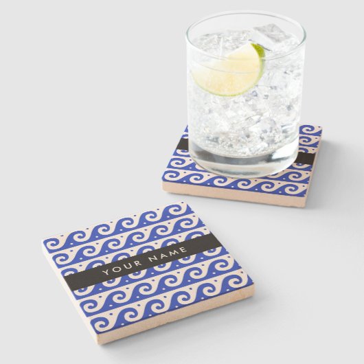 ギリシャの蛇行鍵、波の鍵、青、名前 ストーンコースター (横)