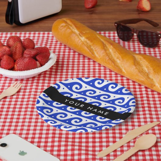 ギリシャの蛇行鍵、波の鍵、青、名前 ペーパープレート (ピクニック)