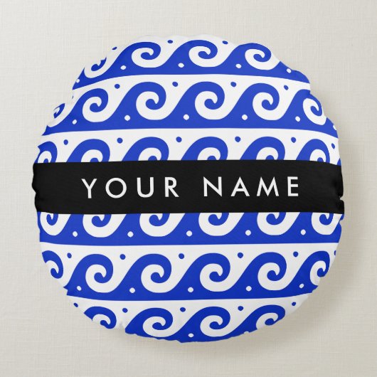 ギリシャの蛇行鍵、波の鍵、青、名前 ラウンドクッション (正面)