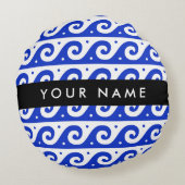 ギリシャの蛇行鍵、波の鍵、青、名前 ラウンドクッション (裏面)