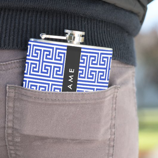 ギリシャの蛇行鍵Hブルー、お名前、パーソナライズ フラスク (インサイチュ)