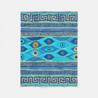 ギリシャの邪悪な目とギリシャの鍵オーナメント フリースブランケット