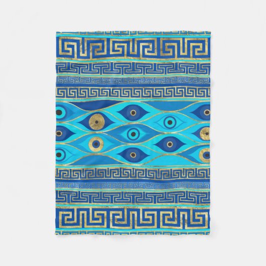 ギリシャの邪悪な目とギリシャの鍵オーナメント フリースブランケット (正面)